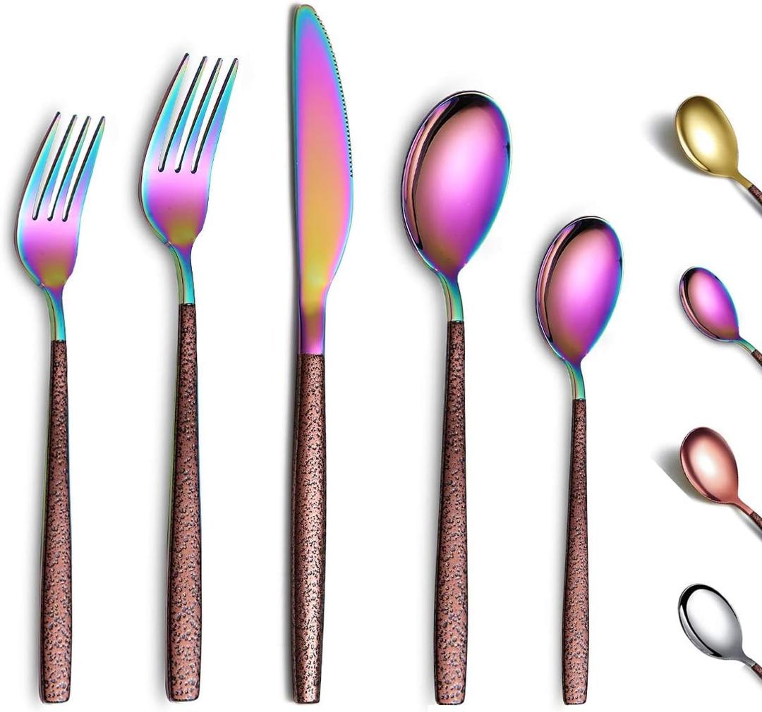 Berglander Silverware Set 20 Pieces With Moon Surface Handle And Shiny Rainbow Mouth Titanium Plating, Stainless Steel Modern Rainbow Flatware Set Utensils Set Colorful Cutlery Set Service For 4