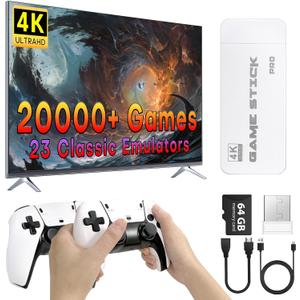 Retro Gaming Console, 23 Emulators, 4K HD HDMI TV Game Stick, Includes 2 Wireless 2.4GHz Controllers,Plug & Play Video Games for TV(64GB)