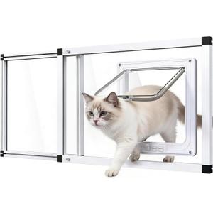 Full Glass Cat Door for Window,32"-37" Adjustable Width,1-Min Install | 4 Locking Modes,Aluminum Frame,HD Glass,Magnetic Closure,Weatherproof Sliding Pet Door Window Insert for Cats, Fit 32"-37" Window