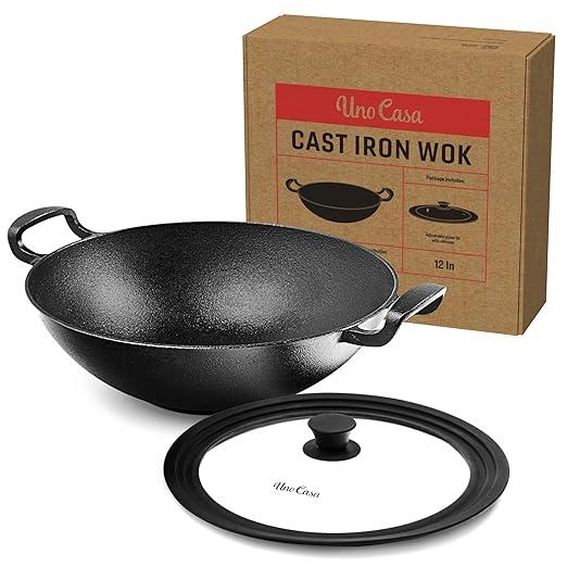 Uno Casa Cast Iron Wok Pan - 8 lb. Flat Bottom Wok with Silicone Lid - 12 Inch, 5.2 Q, Compact, Durable Induction Wok for Both Indoor and Outdoor Cooking