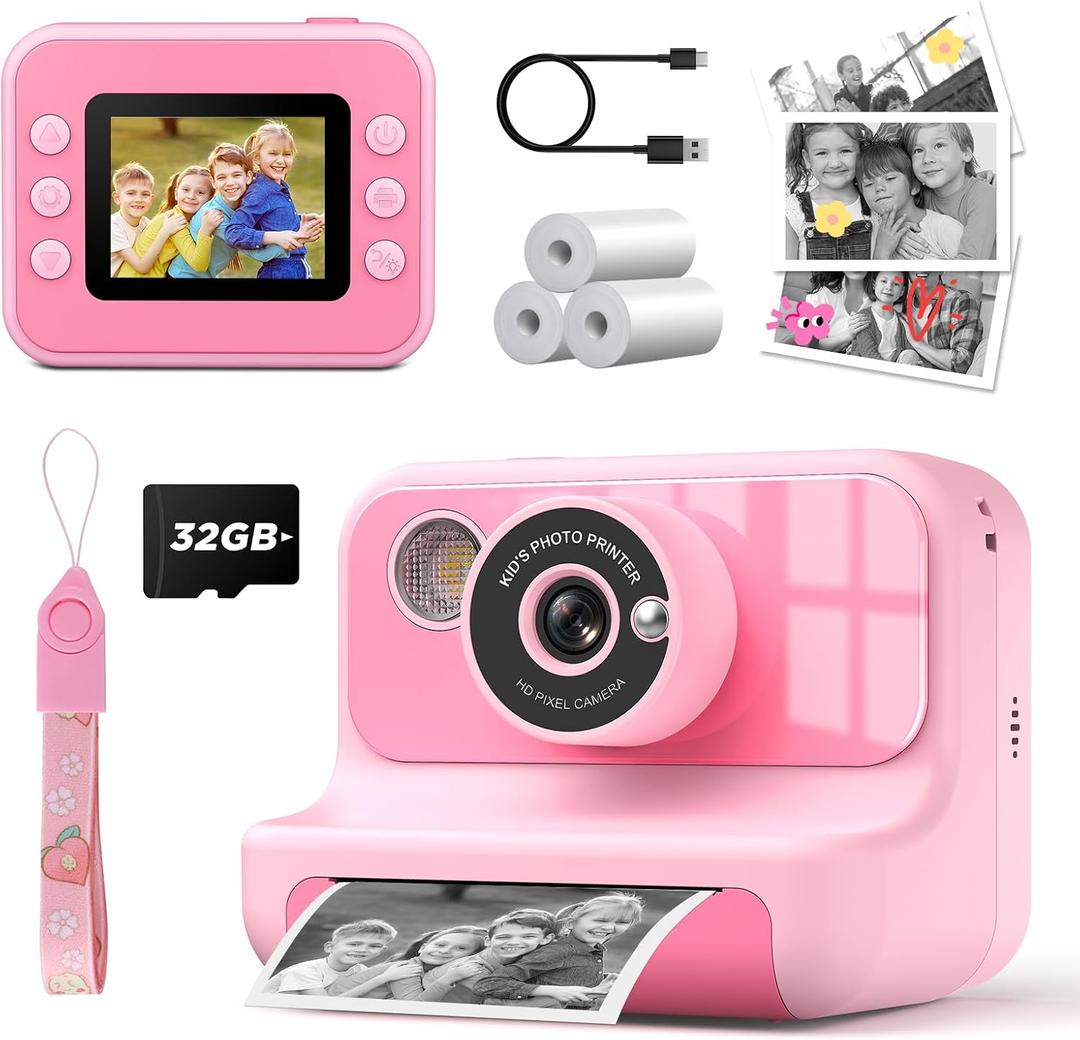 Instant Print Camera for Kids, 1080P Digital Video Cameras, Christmas Birthday Gifts Toys for Age 3-12, Toddler Camera for 4 5 6 7 8 9 10 Year Old Girls - Pink