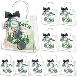 Kolldenn 10 Pcs Bachelorette Party Decorations Gift Bags with Handle, Camp Bach Clear Bags with 10 Pcs Tags Labels, 7.87 x 7.87 x 3.15 Plastic Clear Reusable PVC for Bridesmaid (Green)