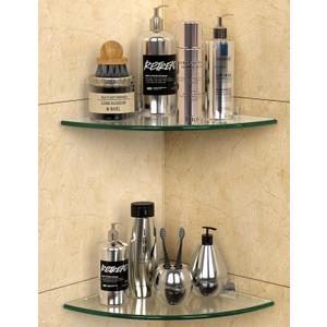 Bakzon Glass Corner Shower Shelves (2-Pack) - No-Drill Shower Caddy Organizer & Bathroom Storage, Tempered Glass with Rustproof Aluminum Brackets for Inside Shower (Clear)