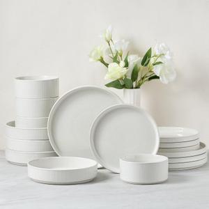 E-far 16 Piece Dinnerware Sets, Plates and Bowls with Pasta Bowls Service for 4, Modern Stoneware Ribbed Dishes for Kitchen Dining, Microwave & Dishwasher Safe, Speckled White