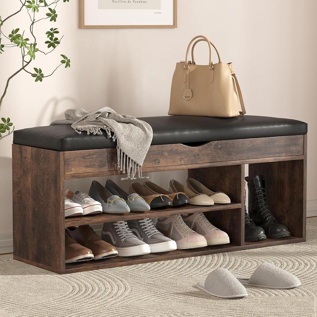 Apicizon 39 Inches Storage Bench with Padded Cushion, Shoe Bench with Storage Space, Upholstered Entryway Bench for Living Room, 2-Tier Shoe Rack Organizer, Brown