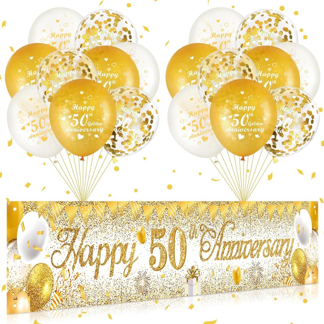 50th Wedding Anniversary Decorations White Gold Happy 50th Anniversary Yard Banner and 18Pcs 50th Golden Wedding Anniversary Balloons for 50th Golden Wedding Anniversary Party Decorations