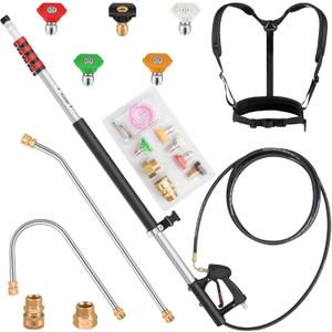 24 FT Gutter Cleaning Tools from The Ground - Telescoping Pressure Washer Wand - Gutter Cleaner Attachment with Power Washer Extension Wands, 5 Spray Nozzle Tips, 2 Hose Adapters and Support Belt