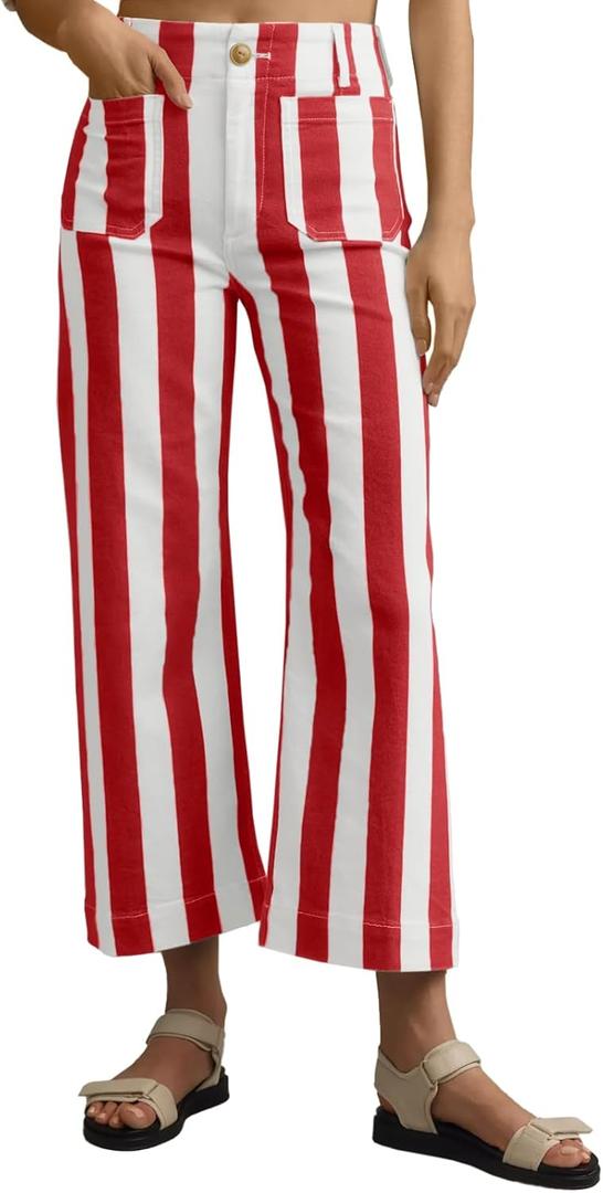 Tankaneo Womens Cropped Striped Jeans Casual High Waisted Stretchy Polka Dots Straight Leg Denim Pants with Pockets, 2, Red