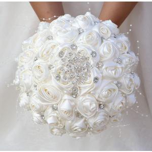 Bridal Wedding Bouquet Round Bling Brooch Holding Bouquet Artificial Rose Flower Bunch for Bride Bridesmaid Wedding Quinceanera(Ivory, 9.8")