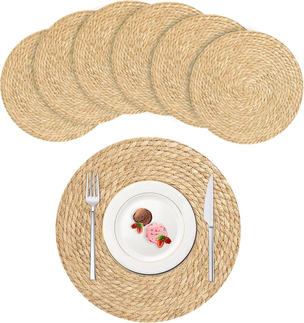 UZIASS Woven Placemats Set of 6-Round, 14" Table Mats,Natural Wicker Boho placemats for Minimalist Home Decor Dining Table Kitchen