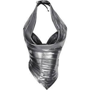 SHENHE Women's Y2k Metallic Crop Top Low Cut Open Back Halter Neck Sexy Rave Clubwear Silver X-Small