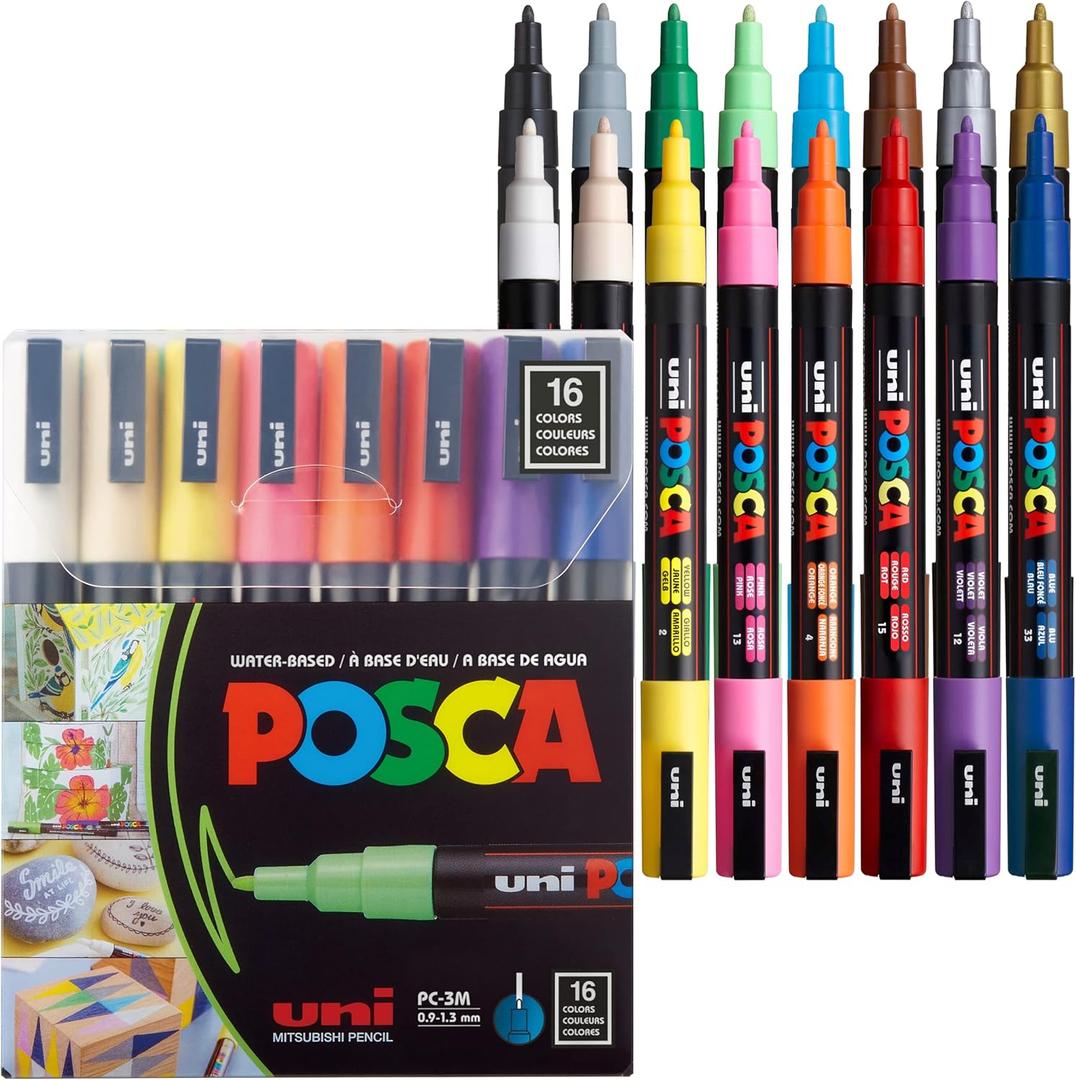 Posca Paint Markers, 3M Fine Tip Point Acrylic Paint Pens with Reversible Tips, Art Supplies For Gifts, Decorations Fabric, Metal, Glass, Wood and Canvas, Set of 16
