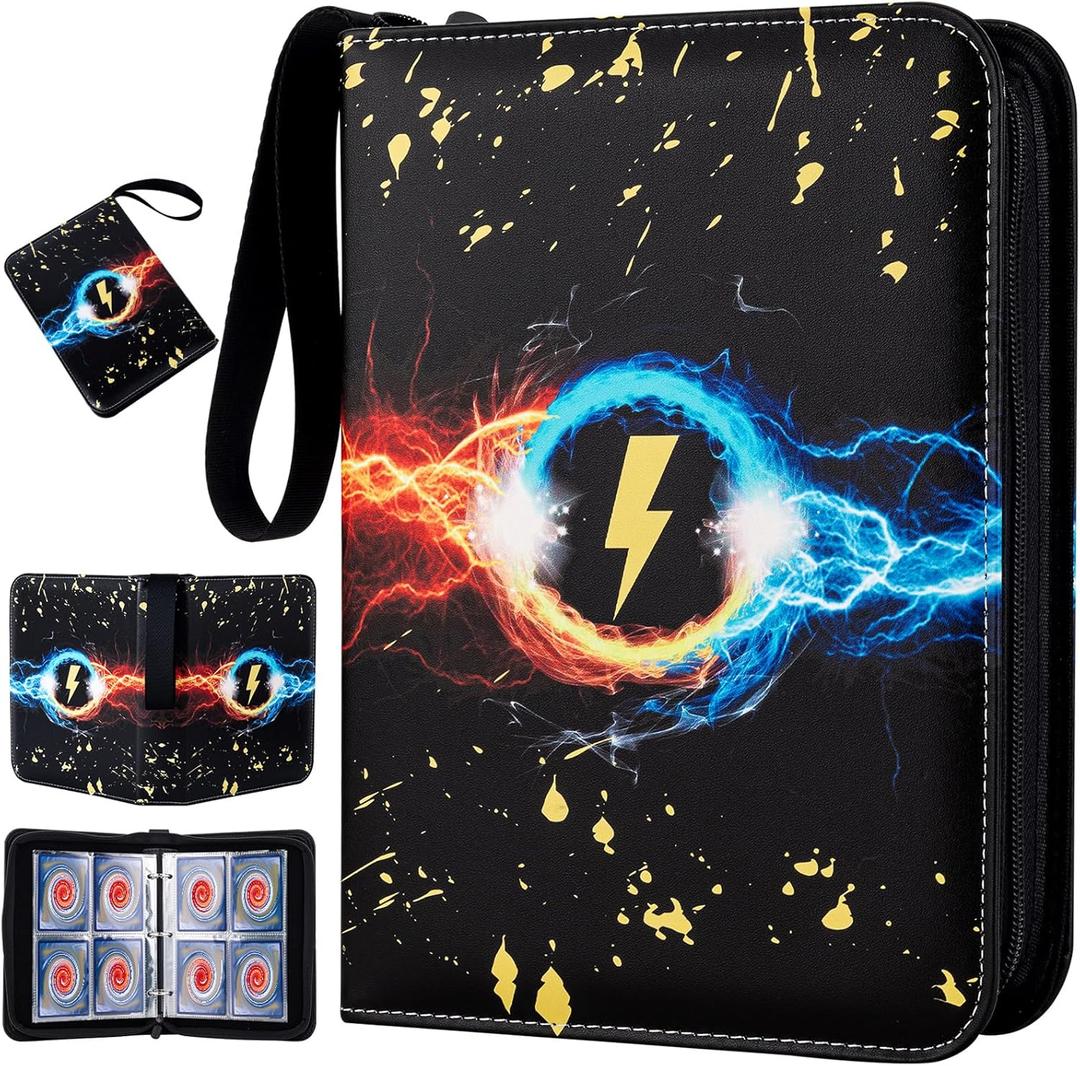 Jravkfi 4 Pocket Trading Card Binder,400 Pockets Trading Card Collection Book with Sleevese,3-ring Zipper Sports Card Album with 50 Removable Double-Sided Card Holder (Black) (1-9.6*7*1.8 in)