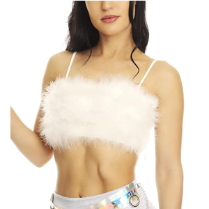 Women Rave Festival Feather Crop Tops Faux Fur Spaghetti Straps Tube Top for Concert Club Party S