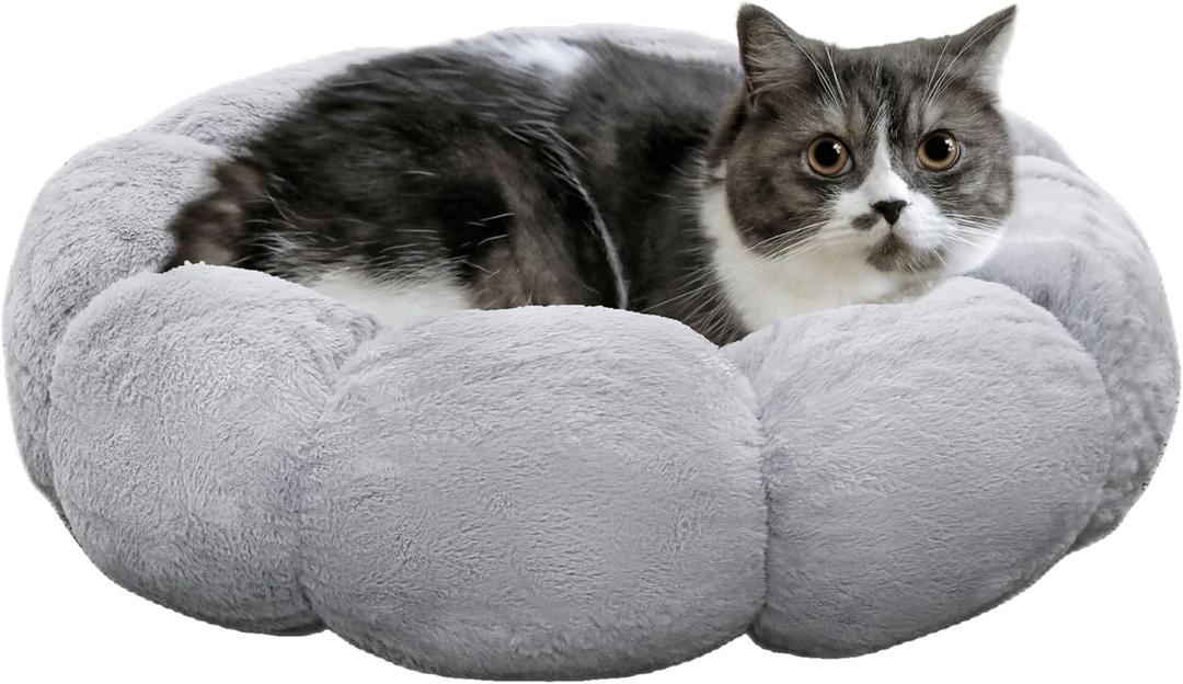 petfelix Cat Beds for Indoor Cats, Machine Washable Non-Skid, Fluffy Flower Cat Bed Cute, Anti Anxiety Dog Beds for Toy Size Dogs, 20 * 20 Inches, Grey