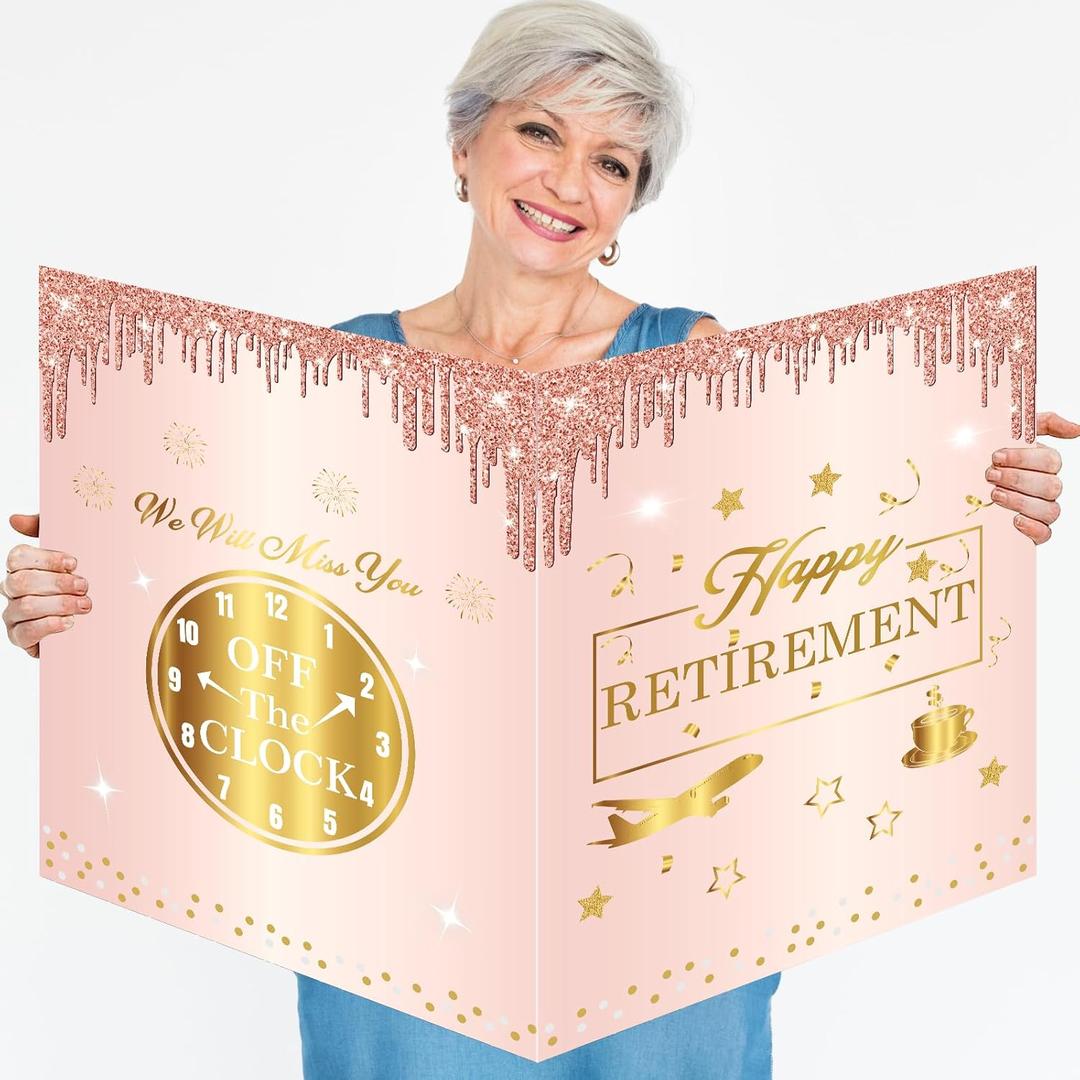 Jumbo Retirement Decorations - Extra Large Farewell Card for Women - Giant Happy Retirement Greeting Card Signature Guest Book - Rose Gold Pink