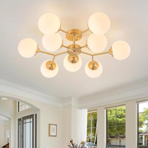 31.5" Sputnik Ceiling Light Fixture, 9-Light Modern Gold Semi Flush Mount Ceiling Light Mid Century Milk Glass Globes Sputnik Chandelier for Living Room Dining Room Hallway