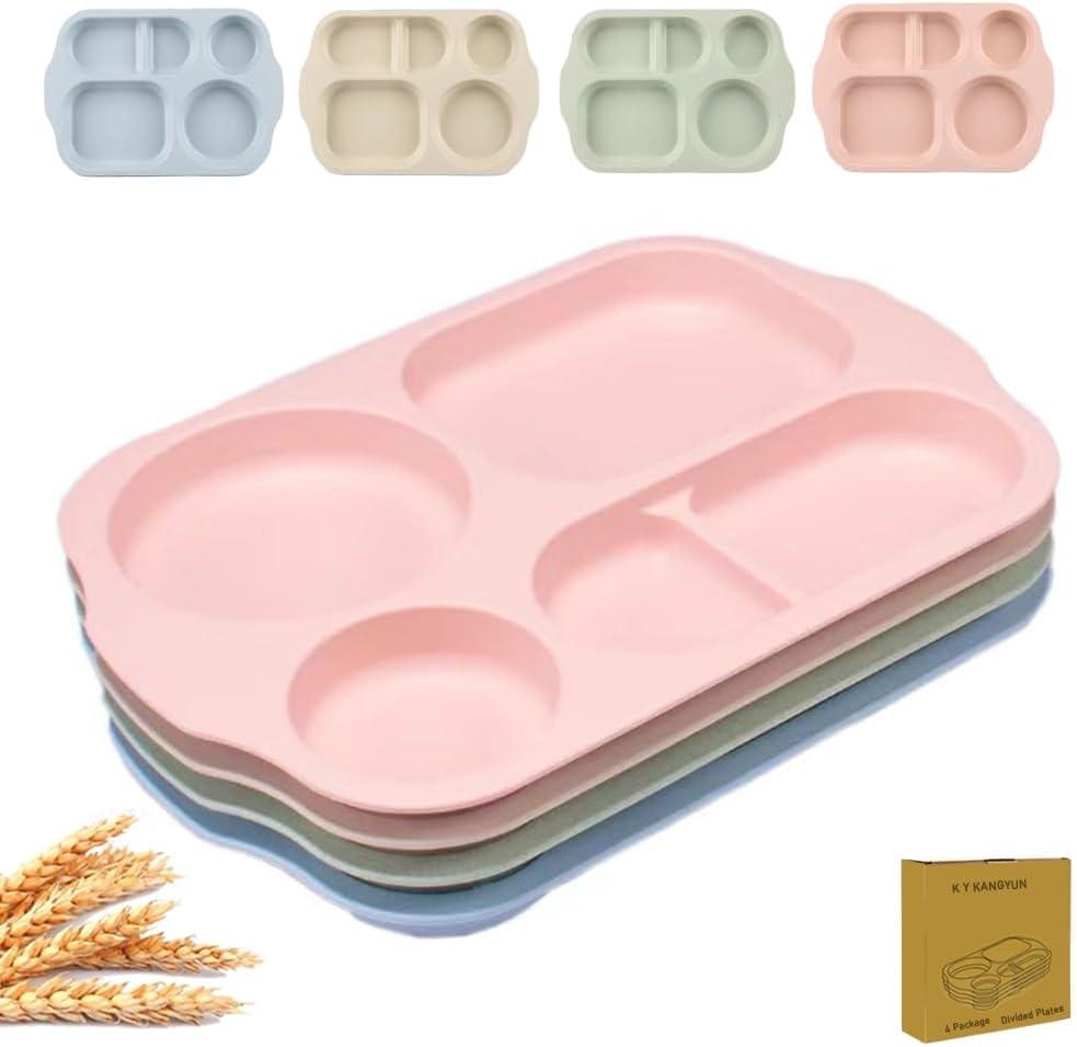 RUIBOLU Large 12 Inch Divided Plates for Kids Adults, Wheat Straw Portion Control Plate, Reusable Plastic Compartment Plates,Unbreakable Dinner Plates Dessert Plates, BPA Free (4 Pack-Beige/Pink/Green/Blue)