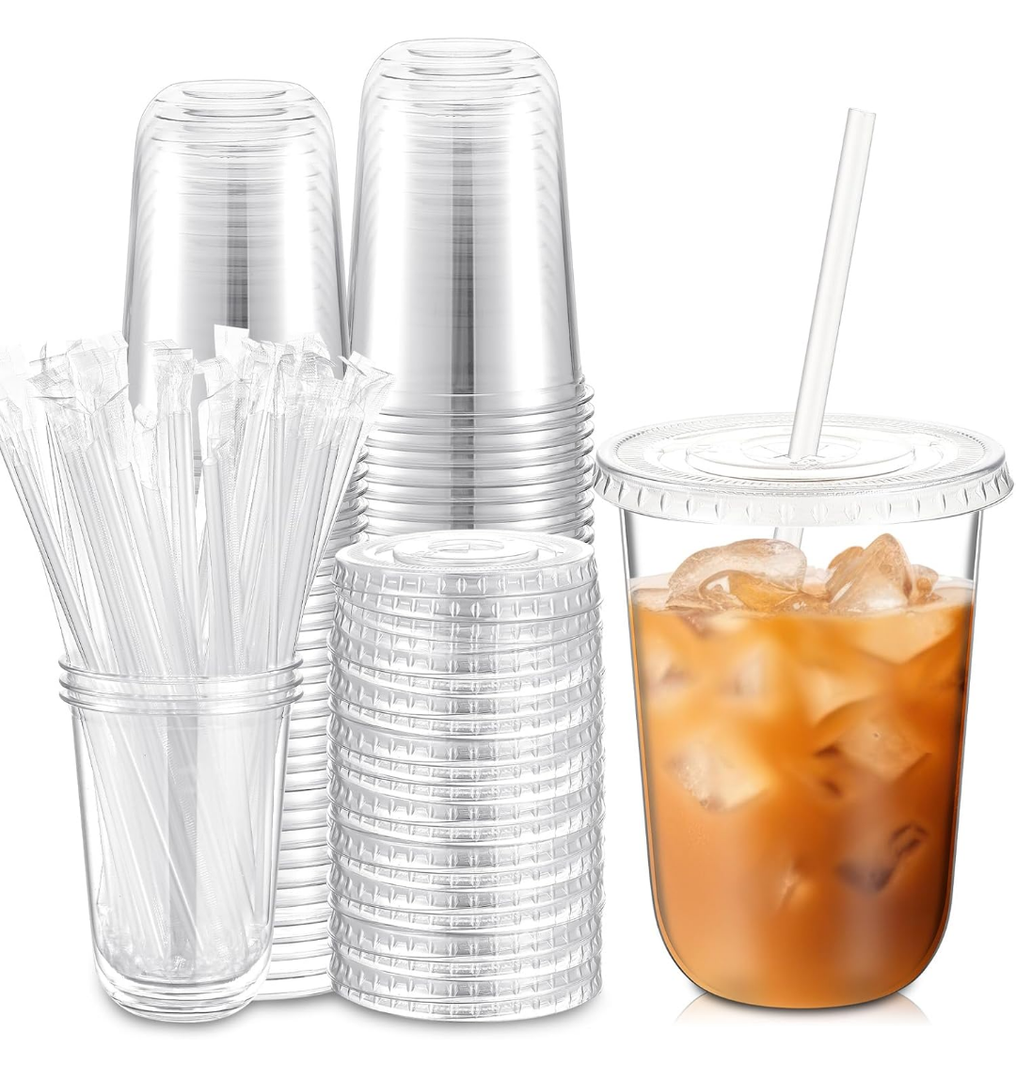 50 Sets Clear Plastic Cups with Lids and Straws, Disposable Iced Coffee Cups Drinking PET for Cold Drinks, Juice, Smoothie, Coffee Shops, Party, Christmas(Clear,16 oz)
