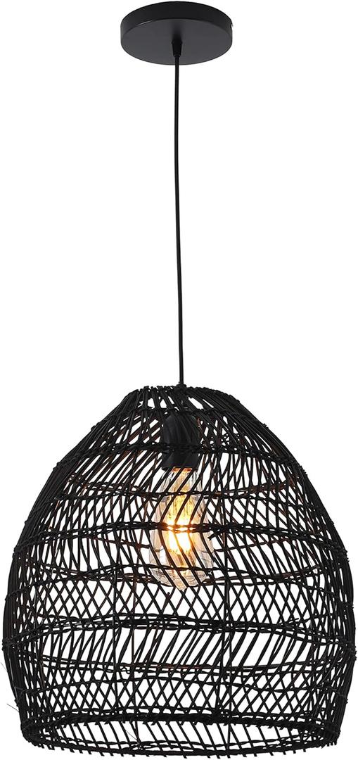 Bamboo Pendant Light Fixture Boho Style 1 Lights Rattan Pendant Lamp Woven Hanging Light for Kitchen Island Nursery in Black(13.7" W)