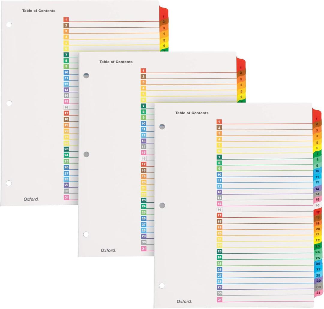Oxford 1-31 Tab Dividers for 3 Ring Binders, Numbered Tab Dividers, Multicolor Numbered Binder Dividers, 3 Sets (89402)
