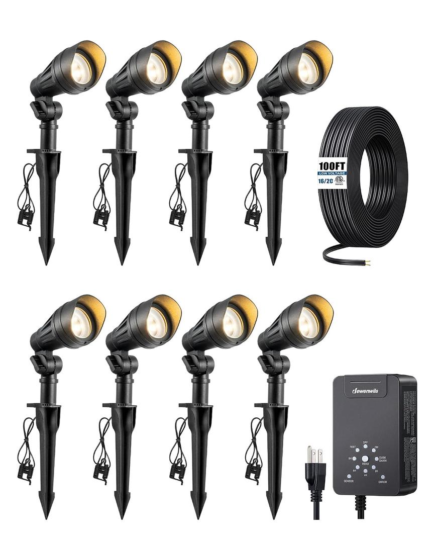 DEWENWILS 12V Landscape Lighting kit, 1x60W Transformer with Timer+8x3.2W Aluminum LED Low Voltage Landscape Spotlight Lights, 100FT Wire+8 Pack Connector for Patio Yard Garden