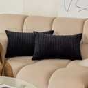 Kevin Textile Set of 2, Corduroy Style Cushion Cover with Stripe Pattern, 12x20 Inch, Throw Pillow Covers in Black, Machine Washable Home Decor Decorations for Bedroom Living Room