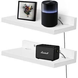 Small Floating Shelf for Wall,9X5 Inch Wall Mounted Shelf with Cord Hole,Small Display Shelves for Cameras, Webcam, Router,Smart Speaker,Action Figures-2 Pcs(White