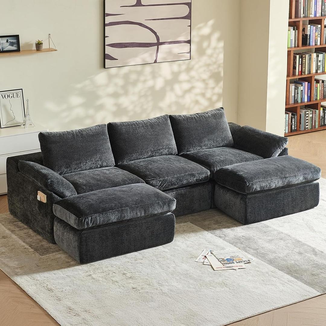 Vamcheer Modular Sectional Cloud Couch - Utra Soft U Shaped Couch with 2 Movable Ottoman, Deep Seat Boneless Couches for Living Room Bedroom, No Assembly Required, Grey