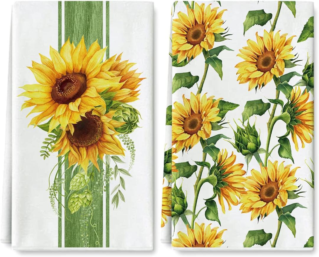 AnyDesign Sunflower Kitchen Dish Towel 18 x 28 Summer Flower Dishcloth Watercolor Floral Pattern Decorative Hand Drying Tea Towel for Summer Cooking Baking Bathroom Cleaning Wipes, Set of 2