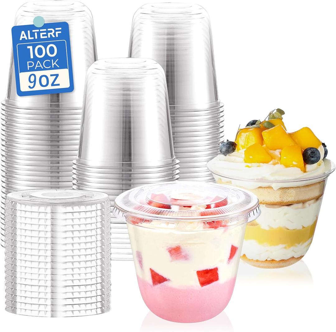 Dessert Cups with Lids - 9 Oz Plastic Cups with Lids Disposable Cups with Flat Lid No Hole for Cake,Ice Cream,Snacks Smoothie, Fruit, Dessert, Yogurt Parfait,Milkshake (100 Park)