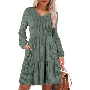 ANRABESS Women's Long Lantern Sleeve Ribbed Knit Dresses V Neck Casual 2026 Fall Winter Flowy Swing Tunic Sweater Short Dress (Green, S)