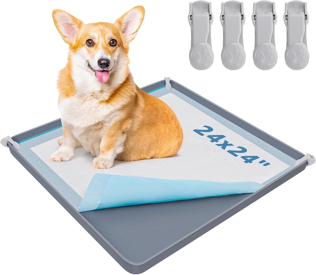 LOOBANI Dog Pee Pad Holder - Silicone Puppy Pad Holder - High Edge Dog Potty Tray with 4 Holder Clamps for Puppy Potty Training, Fits Up to 24" x 24" Training Pads, Gray