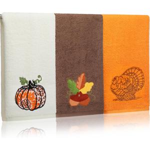 Panelee 3 Pcs Thanksgiving Hand Towels for Bathroom 100% Cotton Embroidered Fall Hand Towels Pumpkin Acorn Maple Leaves Turkey Bathroom Kitchen Decor Gift, 14 x 29 Inch