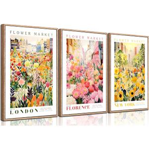 3Pcs Flower Market Color Botanical Canvas Wall Art Colorful Wildflower Sunflower Wall Decor Pictures Pink Floral Travel Posters Prints for Kitchen Bathroom Living Room Bedroom Decoration Unframed (16L" x 12W")