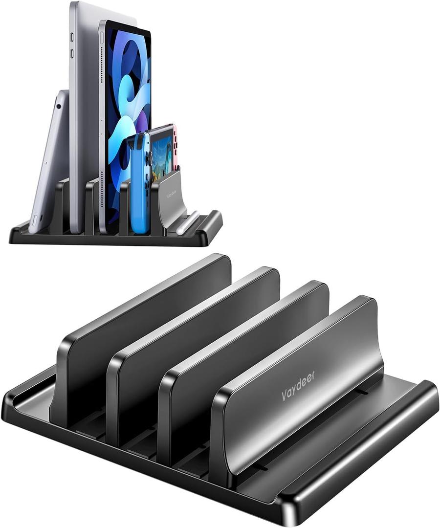 Vaydeer 3-Slot Vertical Laptop Stand Organizer, Laptop Storage Holder Made of Premium ABS Plastics 5 in 1 Design,Desktop Space-Saving Adjustable Desk Organizer for All MacBook/Chromebook/Surface (Black)