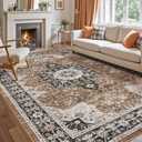 DEXI Area Rugs for Living Room, 8x12 Washable Low Pile Vintage Traditional Rug for Bedroom, Non Slip Large Indoor Carpet for Dining Office Nursery, Brown