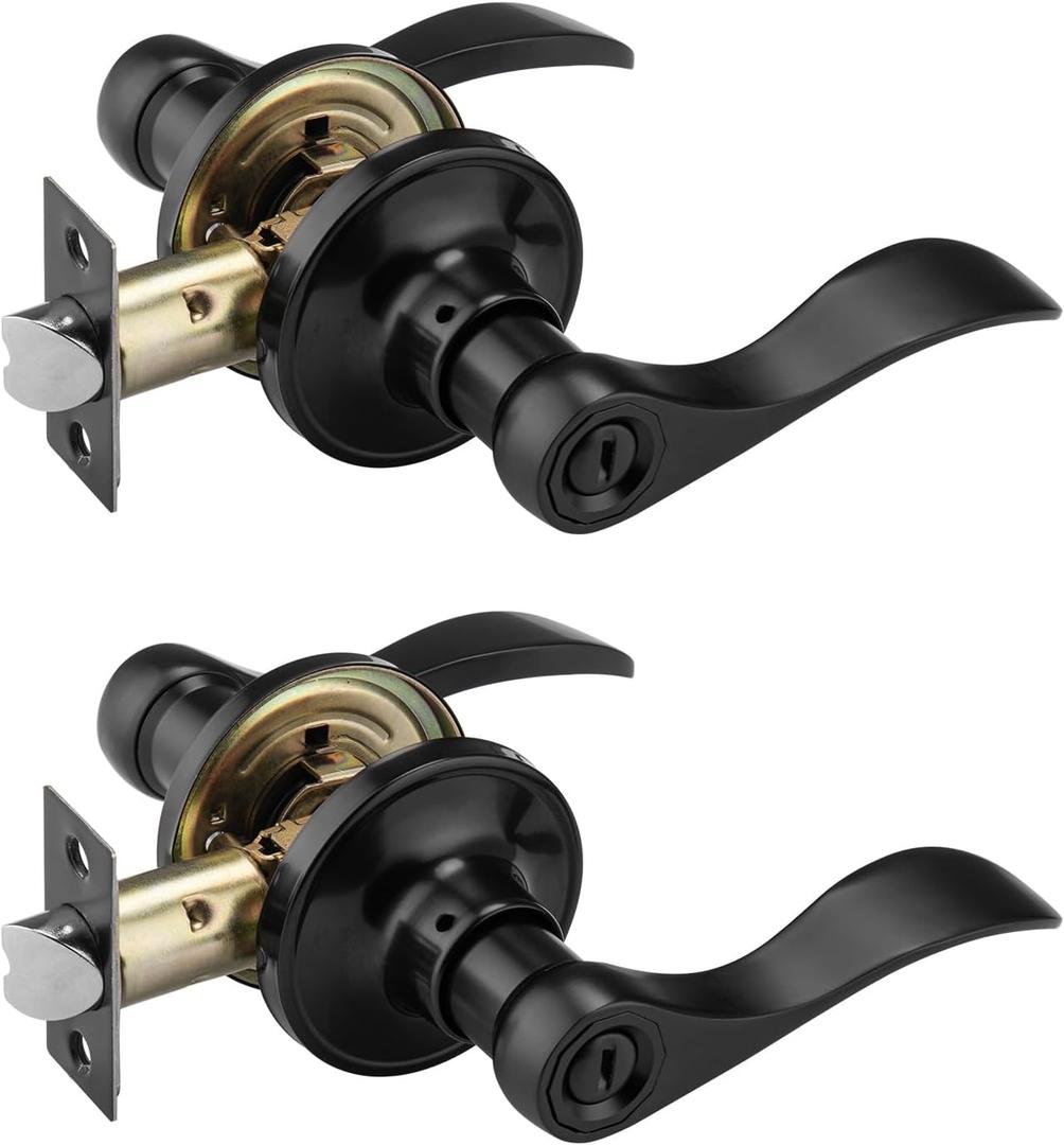 NCL 2 Pack Black Door Handle Interior, Wave Door Lever Door Knob with Lock, Privacy Door Handle for Bath & Bedroom