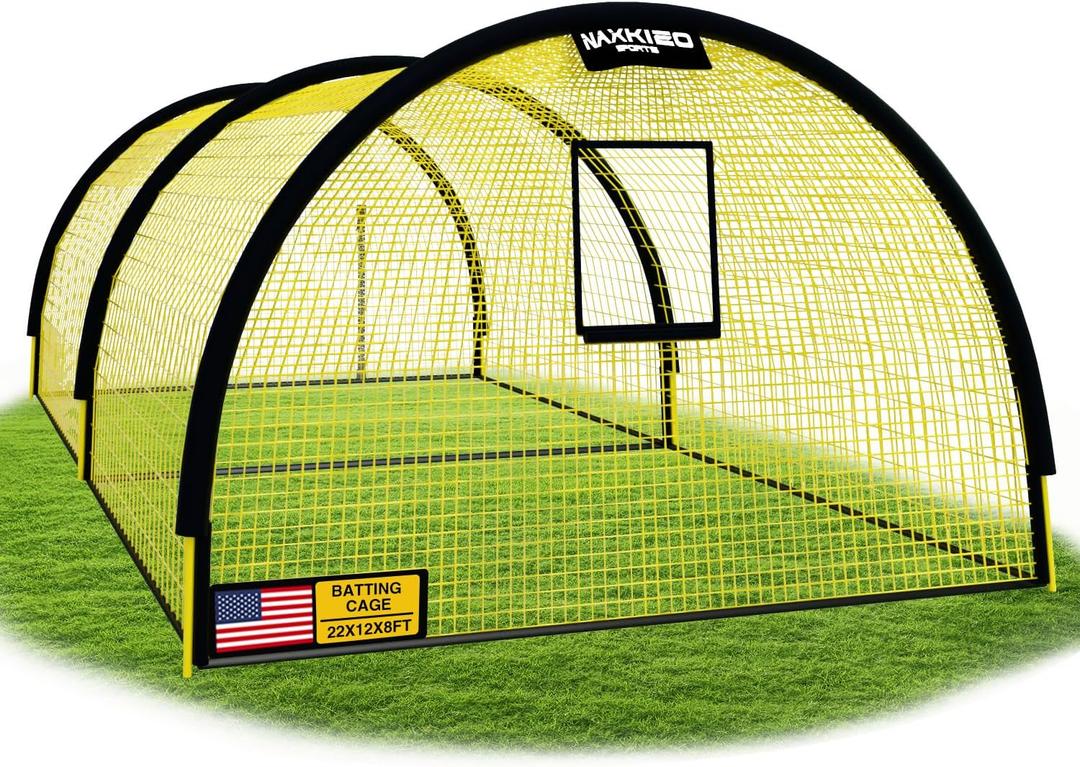 Upgraded 22ft x 12ft x 8ft Baseball & Softball Batting Cage Net with Pitching Machine Hole, 4ply 1.25'' Anti-Tear Netting, 13.4MM Fibreglass Poles, Portable Carry Bag