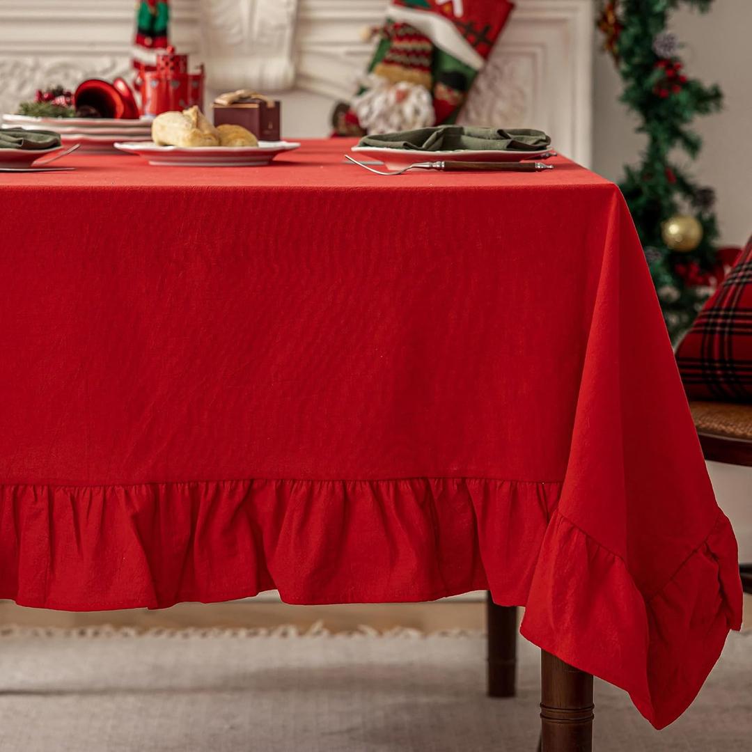 100% Cotton Tablecloth 60" 84" Ruffle Trim Table Clothes Washable Rectangle Fabric Table Cloth Kitchen Dinning Tabletop Decoration for Party Wedding Events Holiday - Red, 6-8 Seats
