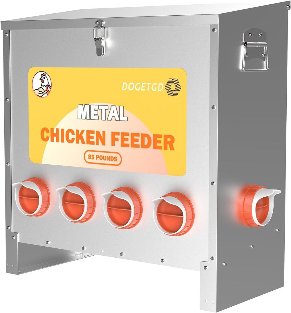 Automatic Chicken Feeder No Waste Metal Poultry Feeder Large Capacity 85lbs for Chickens, Geese, Ducks, Turkeys, Quails (10-Port)