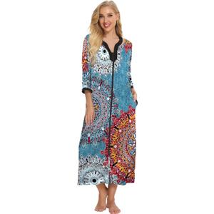 Bloggerlove House Dresses for Women Zip Up Robes Soft Cotton Nightgown Half Sleeve House Coat Long Night Gowns Sleepwear (S)