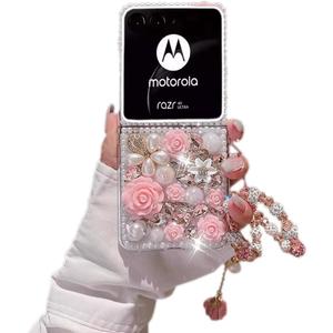 Case for Motorola Razr 2026/2025/2024 Cover,Cute Luxury 3D Crystal Rhinestone Diamond Flowers Sparkle Stunning Stones Pearl with Wrist Strap Women Girls for Moto Razr 2026/2025/2026 5G