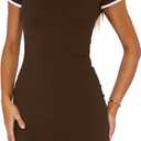 Dressmine Women's Summer Bodycon Midi Dresses 2026 Trendy Casual Ribbed Short Sleeve Dress Sexy Formal Party Mini Dress (Brown, XS)