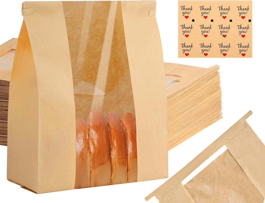 60 Pack Paper Bread Bags for Homemade Bread 14" X 8.3" X 3.5", Sourdough Bread Bags with Tin Tie Tab Lock Clear Front Window and Label Seal Stickers Bakery Bags for Cookies Bread and Treats