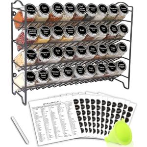 SWOMMOLY Spice Rack Organizer with 36 Empty Square Spice Jars, 396 Spice Labels with Chalk Marker and Funnel Complete Set, for Countertop, Cabinet or Wall Mount, Black