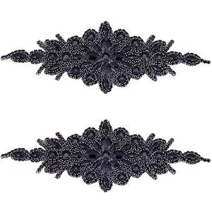 FINGERINSPIRE 1Piece Rhinestone Applique for Dress (Black,9.5x3.7inch) Iron on/Sew Crystal Patch Hotfix Diamond Sewing Appliques for Bridal Dress, Gowns, Headpiece, Belt or Other Item Decoration