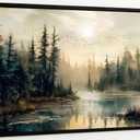 Large Framed Forest River Landscape Canvas Wall Art, Watercolor Forest Lake Painting Picture Wall Decor, Nature Landscape Poster Print Artwork for Living Room Bedroom Home Decoration 20x40in