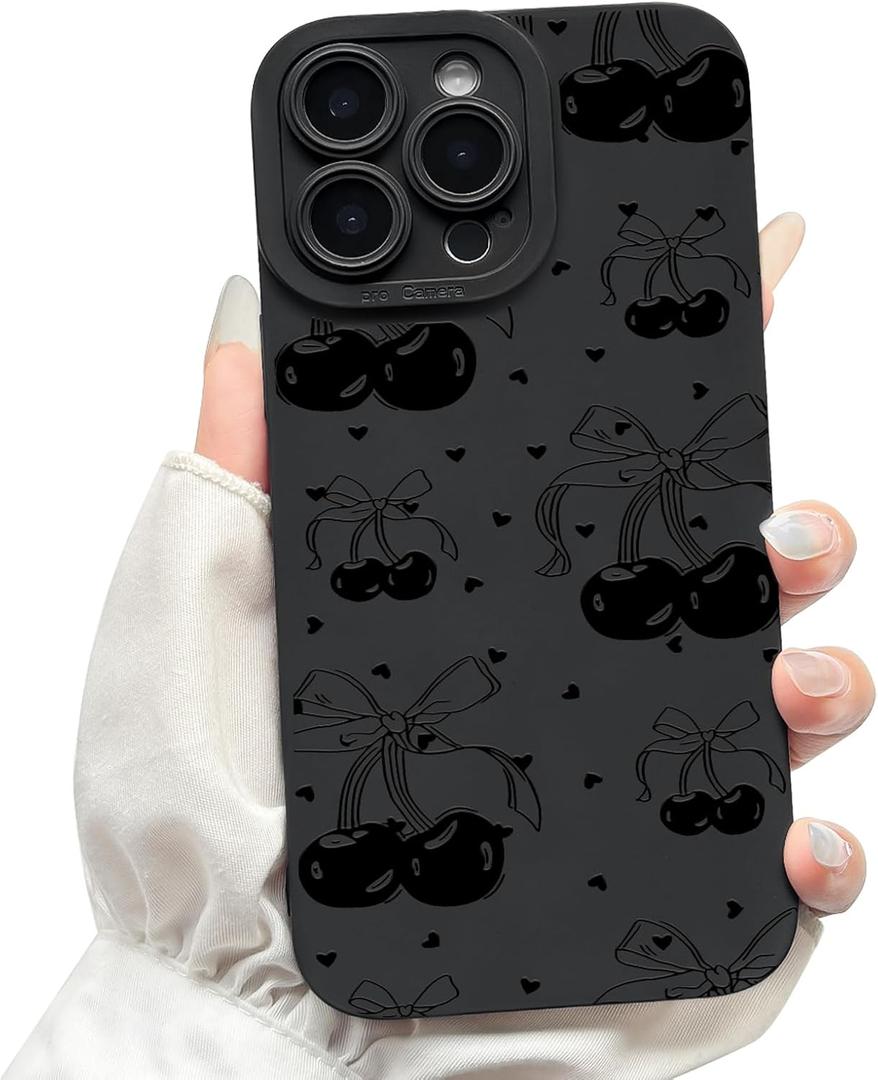 NITITOP Compatible with iPhone 14 Pro Max Case Cute Cherry Bow Ribbon Pattern for Girls Women Soft TPU Durable Full Camera Lens Shockproof Protective Cover - Black