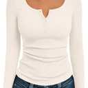 Trendy Queen Long Sleeve Shirts for Women Henley Ribbed Fall Tops Dressy Business Casual Teen Girl Winter Cute Basic Tees Beige, Medium
